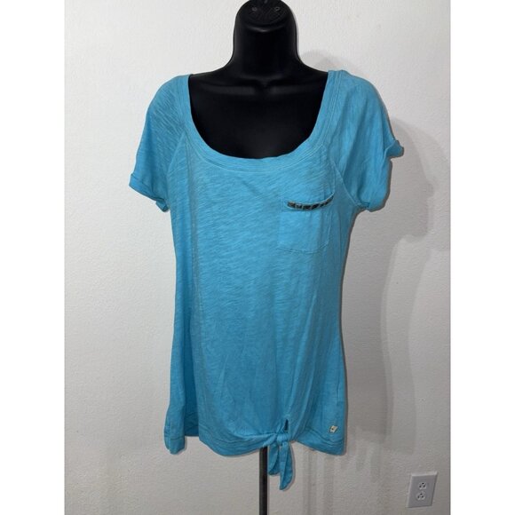 Hollister Shirt Top Women Medium Scoop Neck Tie Waist Cap Sleeve Blue - Picture 1 of 8